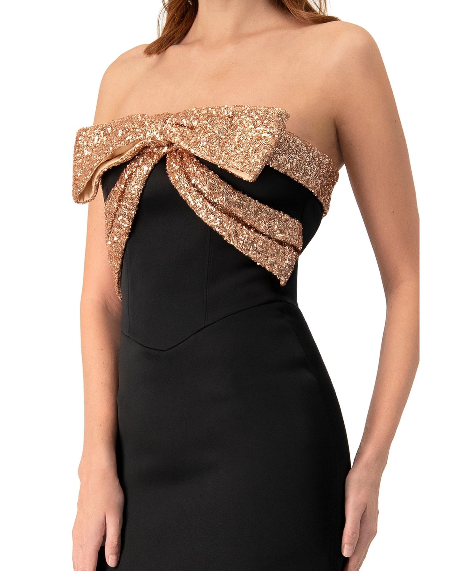 Women's Long Strapless Dress with Sequin Bow