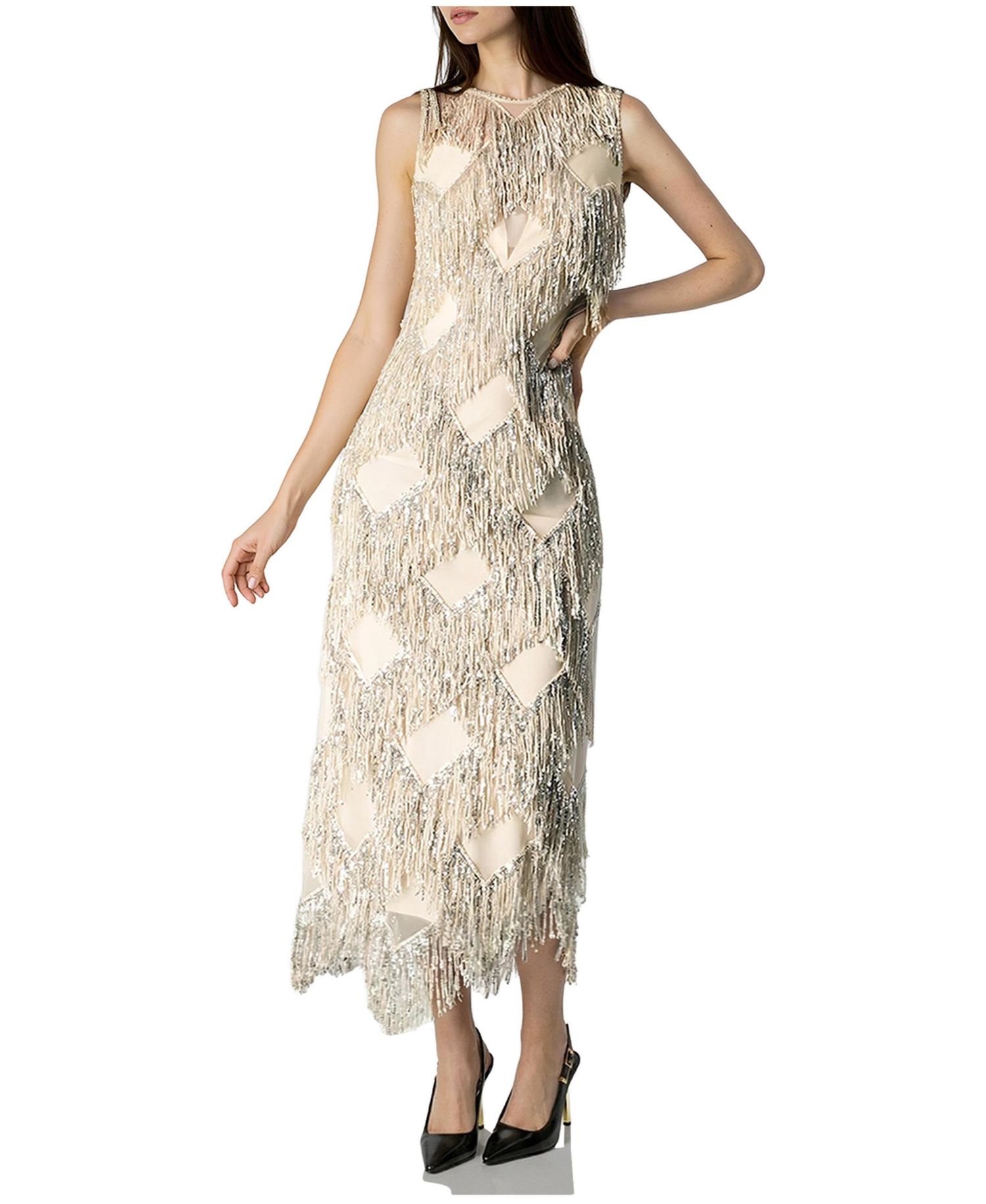 Women's Deco Shimmer Fringe Midi Dress