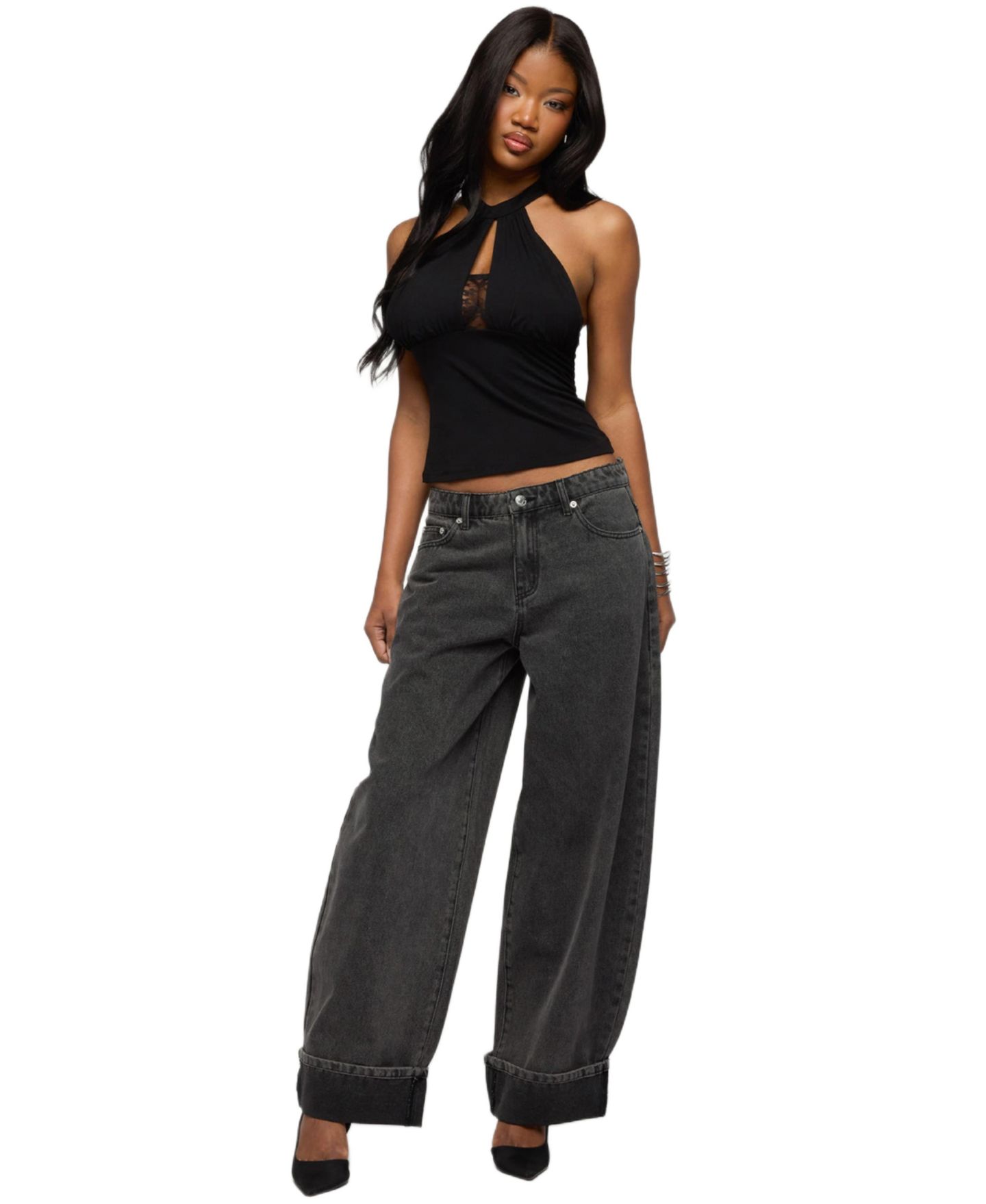 Женские джинсы Edikted Kella Low Rise Baggy, цвет: Чёрный потёртый — фото 3