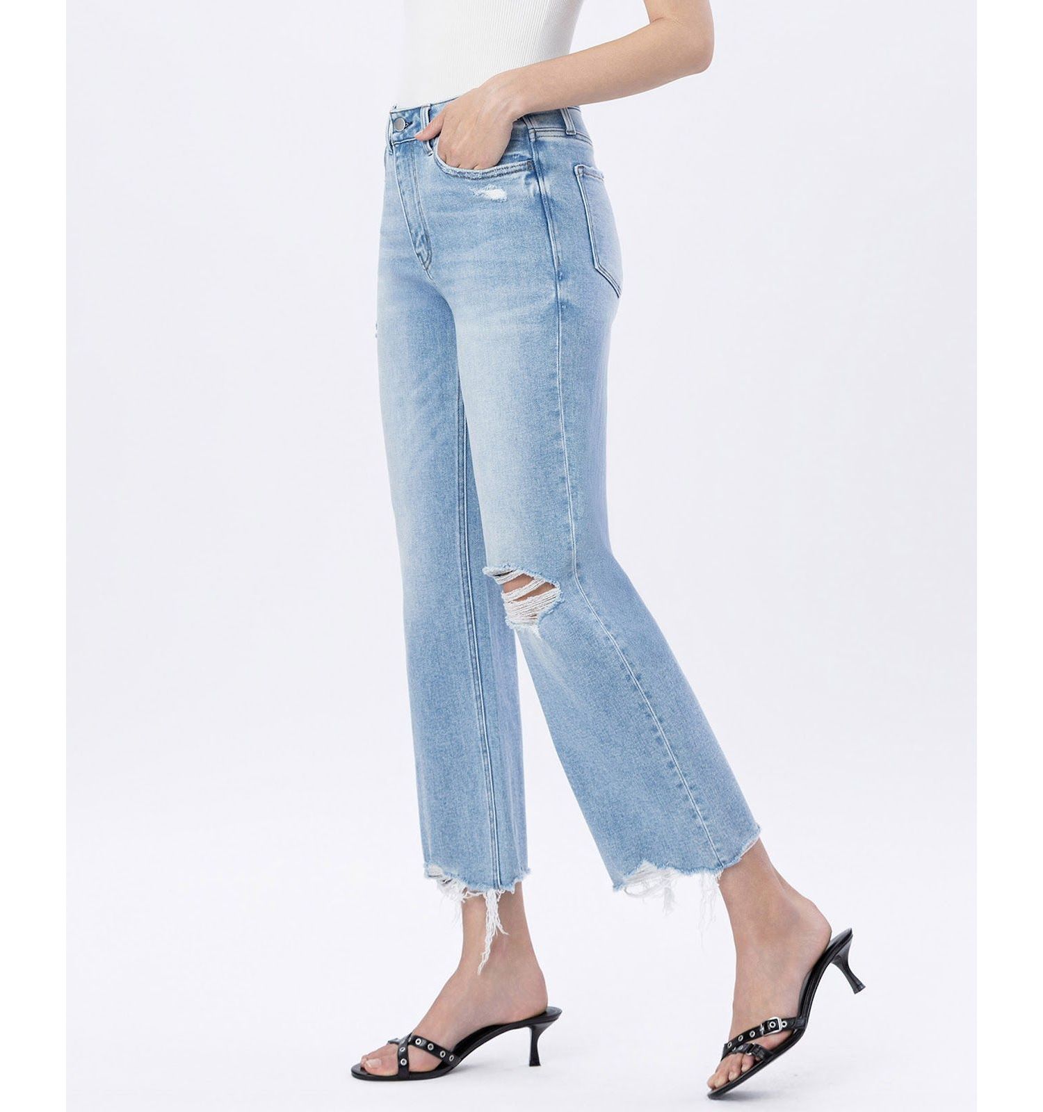 Women's High Rise Distressed Crop Slim Wide Leg Jeans