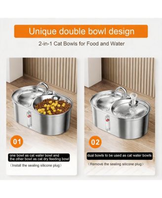 3L Stainless Steel Cat Water Fountain Dual Bowl for 2 Cats