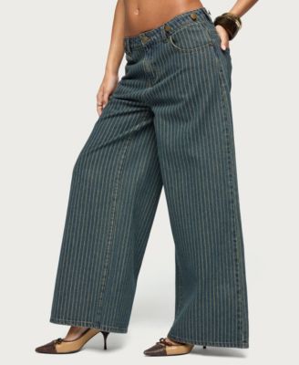 Women's Button Pinstripe Low Rise Baggy Jeans