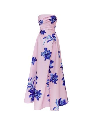 Womens Dainty pink A-line maxi dress with blue-flowered pattern