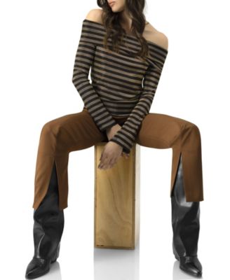 Women's Bardot Neckline Striped Long Sleeve Blouse