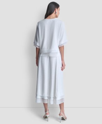 Women's Crewneck Layered Top and Layered Window Pane Ankle Skirt