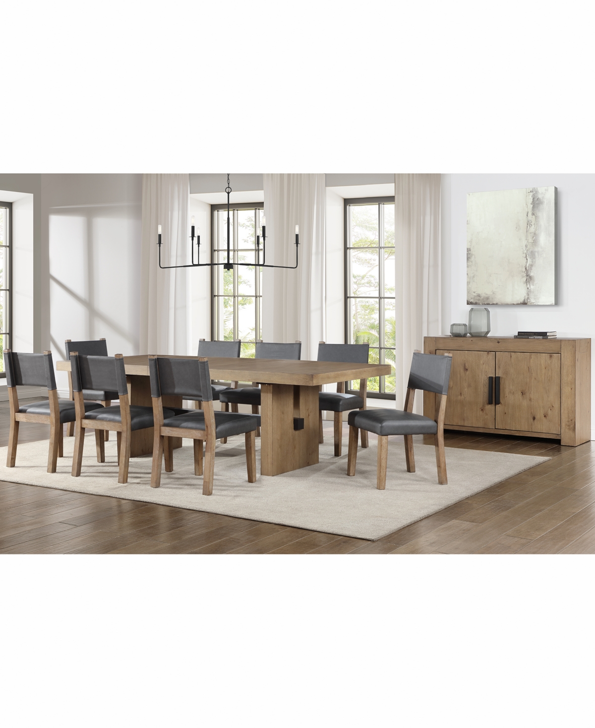 Macai 9-Pc. Wood Dining Table Set (Rectangular Table + 8 Faux Leather Side Chairs)