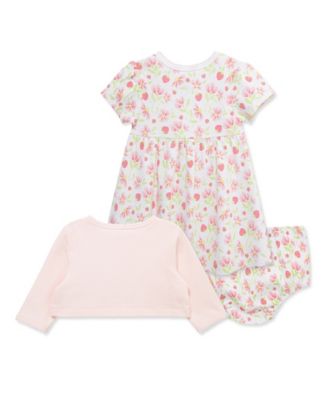 Baby Girls' Short-Sleeve Dress, Cardigan and Diaper Cover, 3-Piece Set