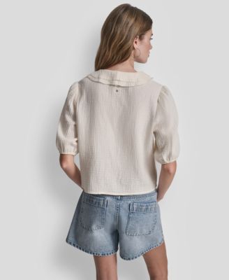 Petite Puff Short-Sleeve Tie-Front V-Neck Shirt