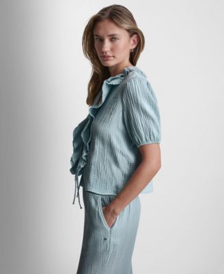 Petite Puff Short-Sleeve Tie-Front V-Neck Shirt