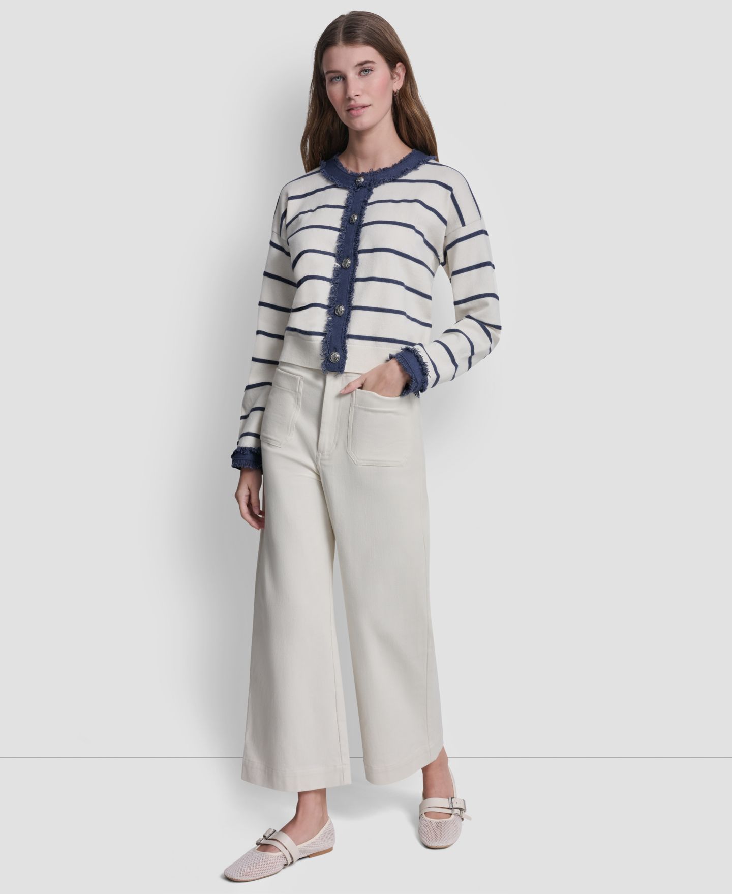 Женский кардиган DKNY Jeans Petite Denim Fringe Crewneck Striped, цвет: Сливочный / Индиго — фото 4
