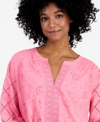 Women's Split-Neck Eyelet-Embroidered Top