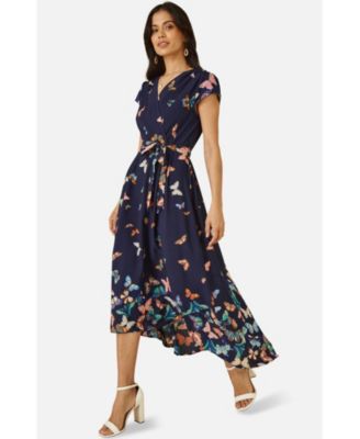 Women's Butterfly Print Dip Hem Midi Wrap Dress