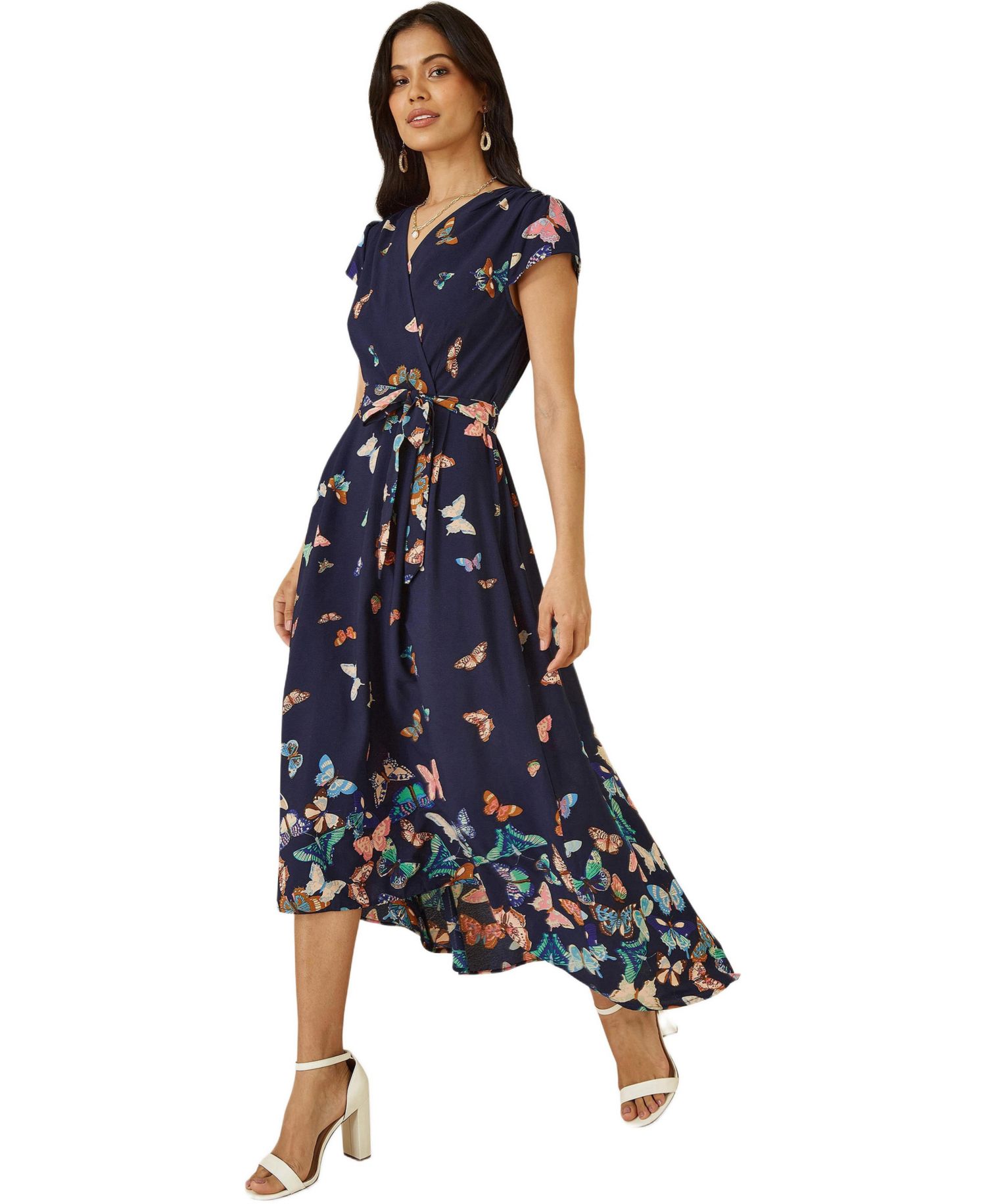 Women's Butterfly Print Dip Hem Midi Wrap Dress