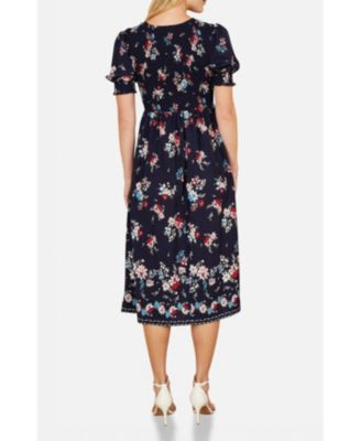 Women's Smocked Bodice Floral Ruched Midi Dress