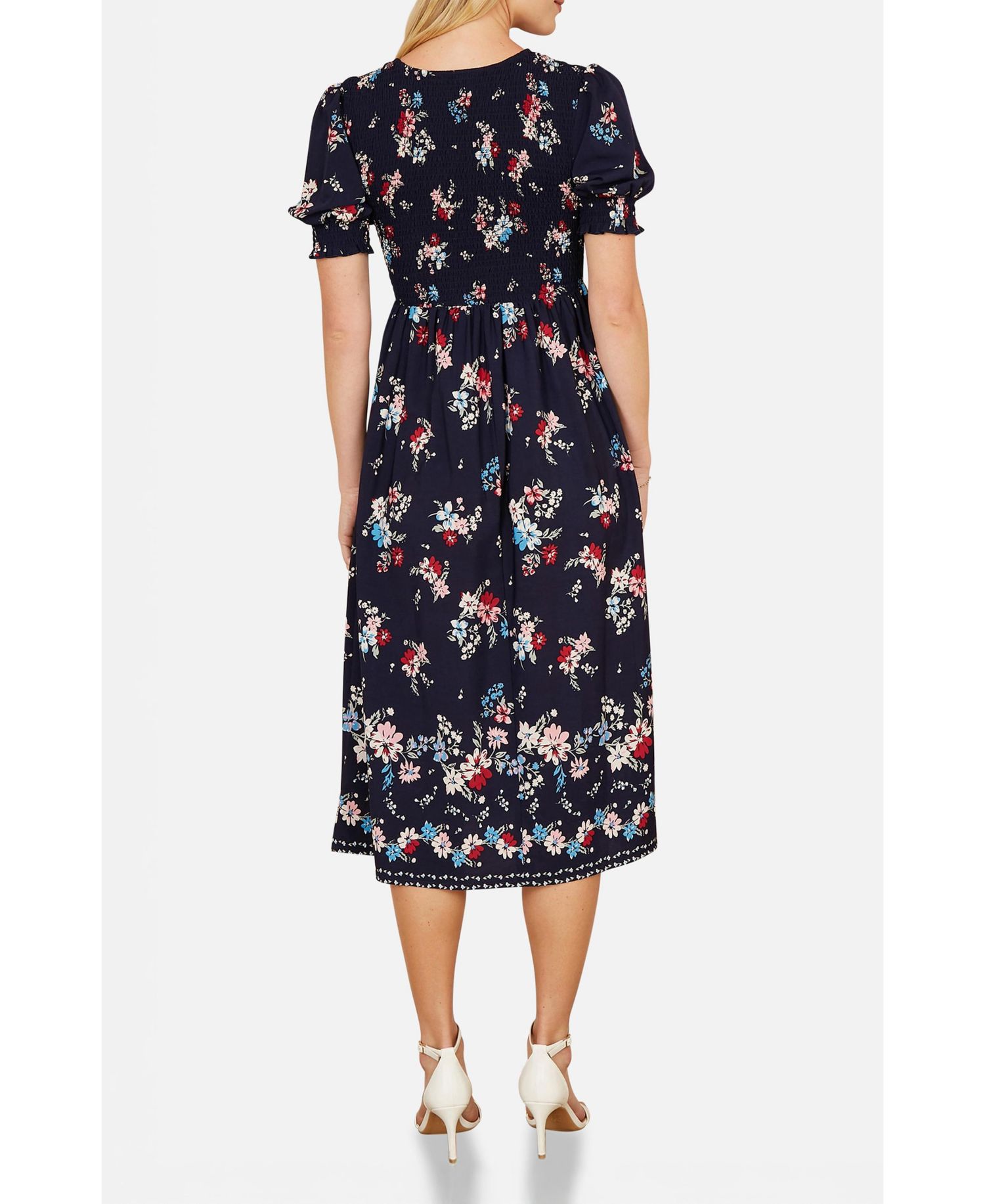 Women's Smocked Bodice Floral Ruched Midi Dress