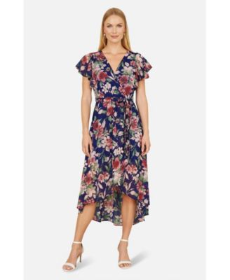 Women's Floral Wrap Midi Dress With Frill Hem