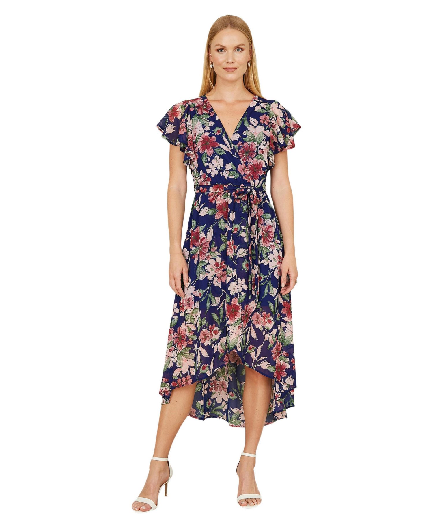 Women's Floral Wrap Midi Dress With Frill Hem