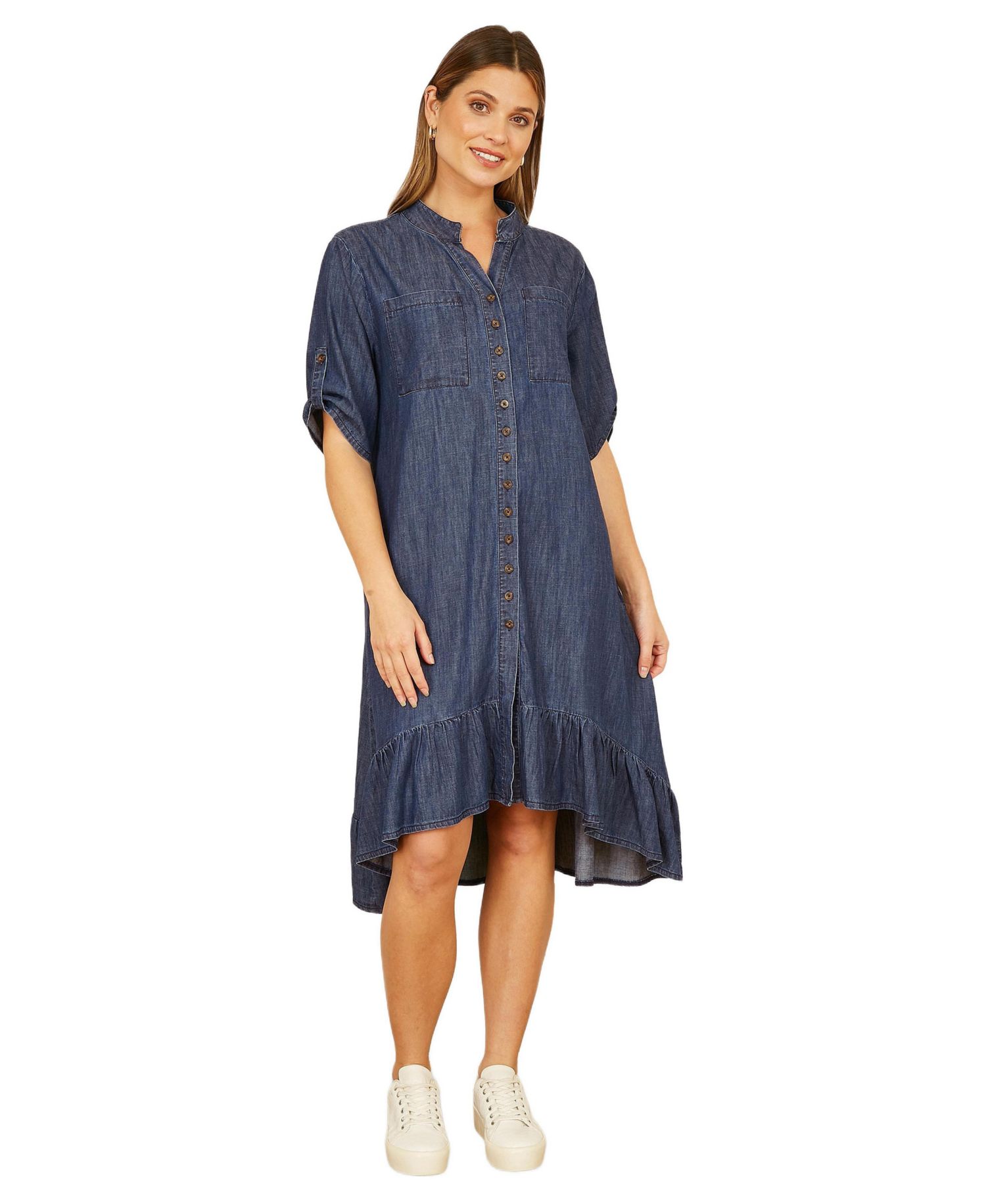 Women's Denim Dip Hem Relaxed Fit Shirt Dress