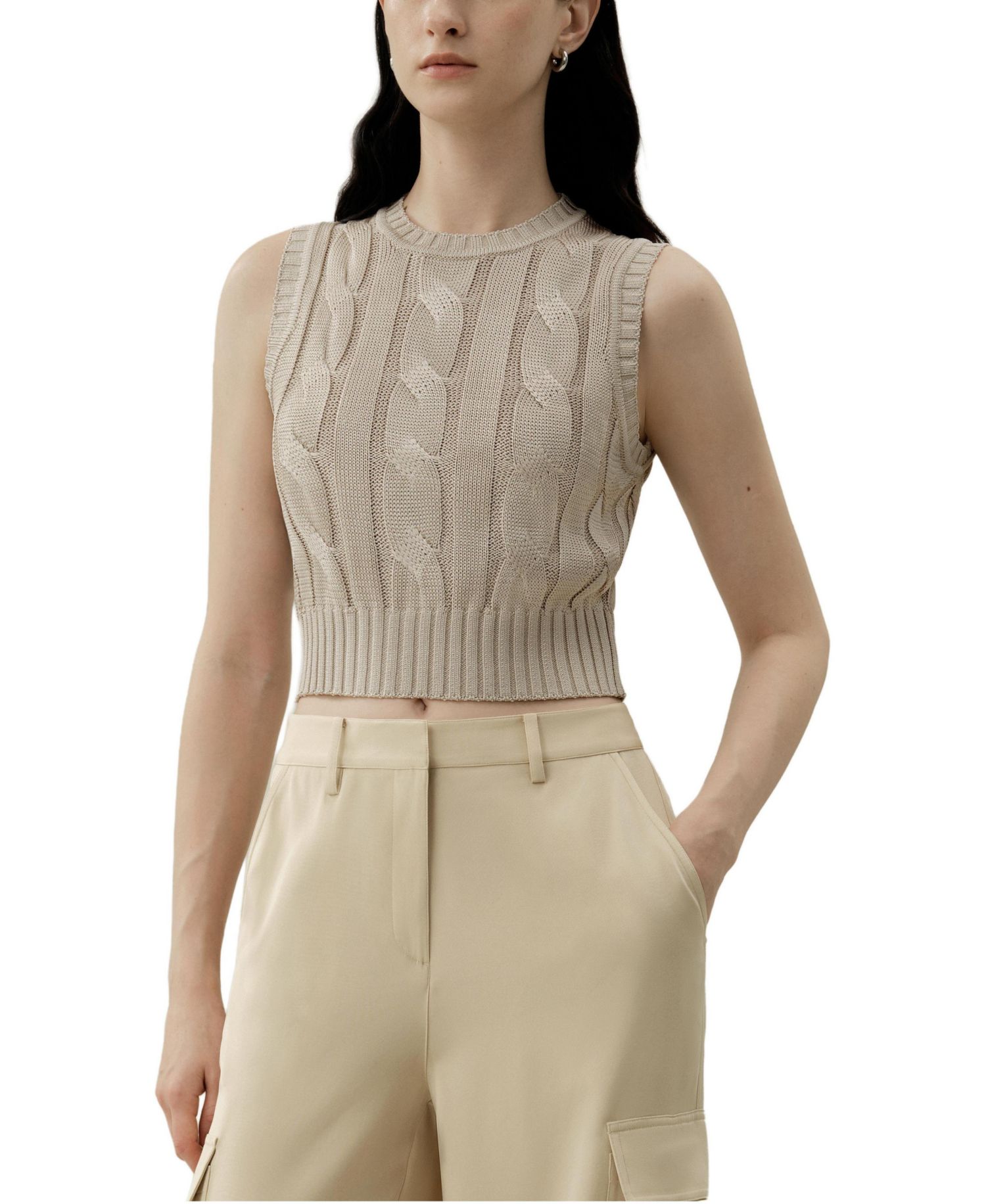 Women's Cable Knit Tussah Silk Cropped Top