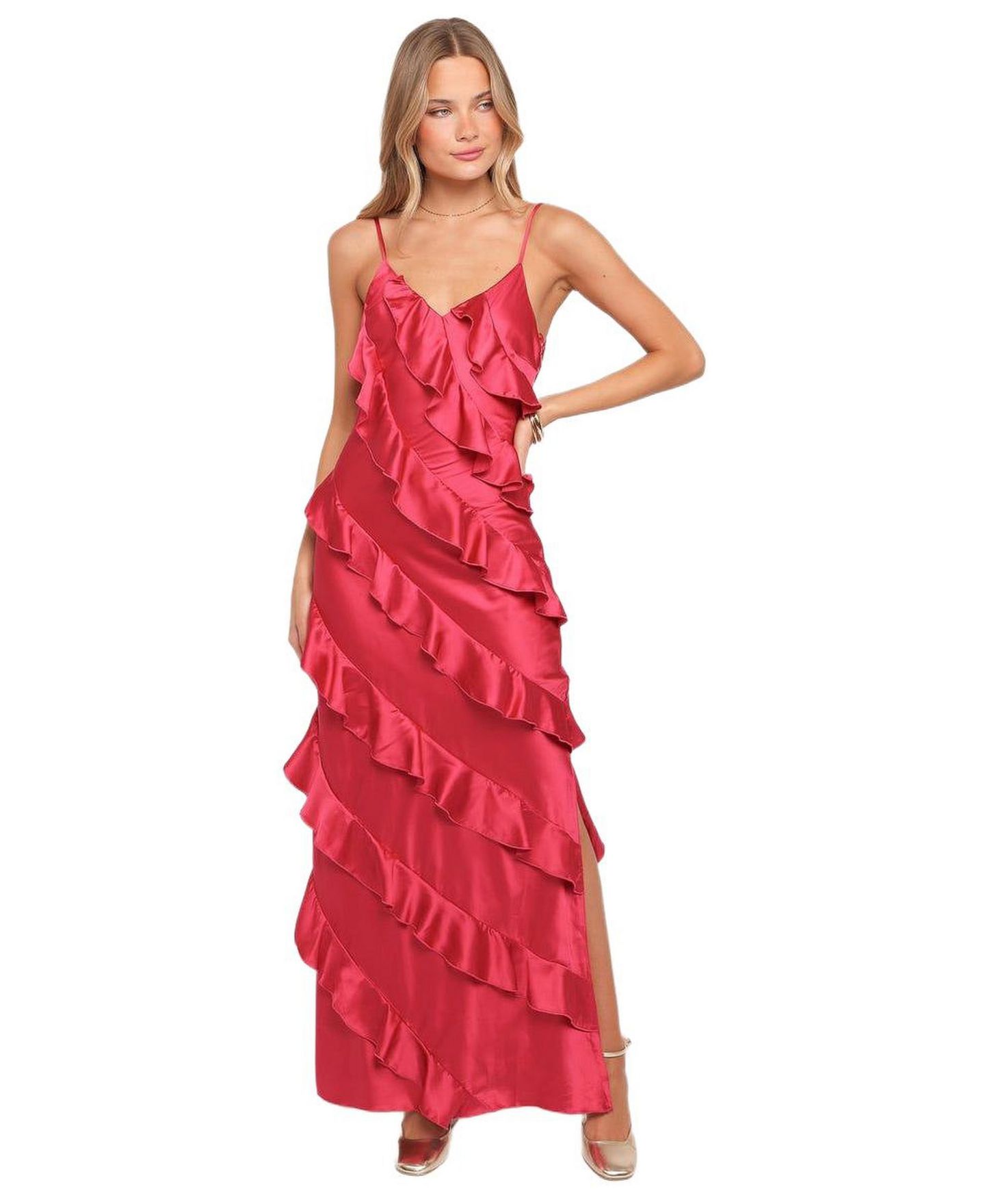 Женское платье Petal and Pup Ciao Ruffles Maxi Satin, цвет: Фуксия — фото 1