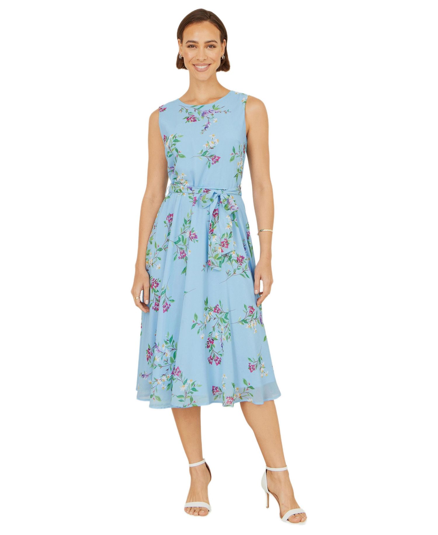 Women's Sleeveless Tie Waist Printed Midi Dress