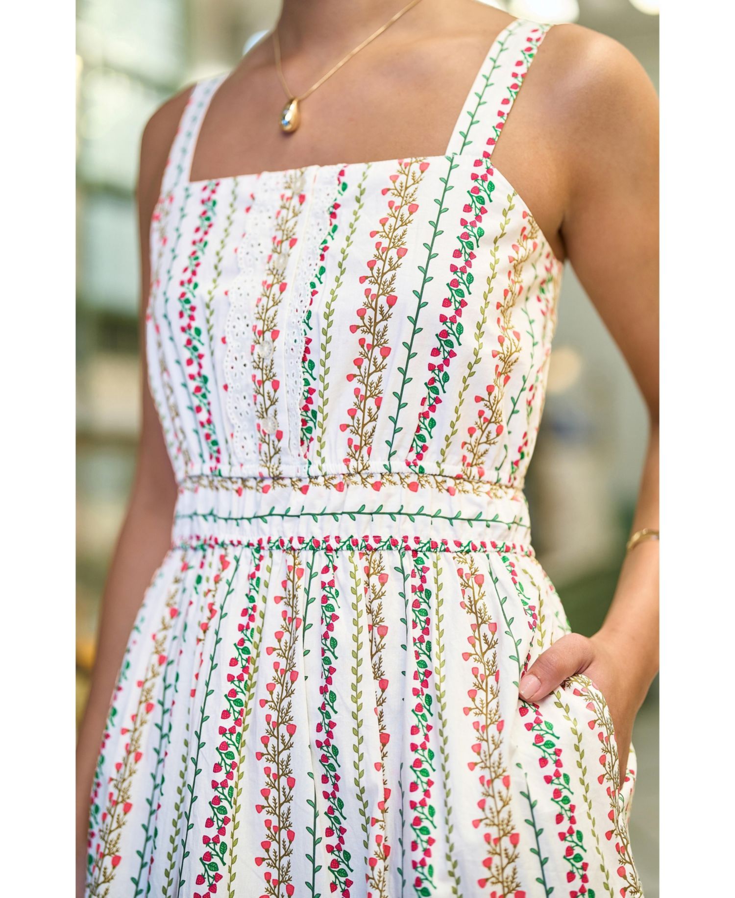 Women's Botanical Stripe Lace Trim Midi Dress