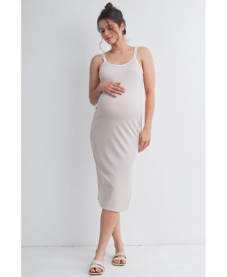 Maternity Ribbed Bodycon Midi Dress with Double Straps and Side Slit