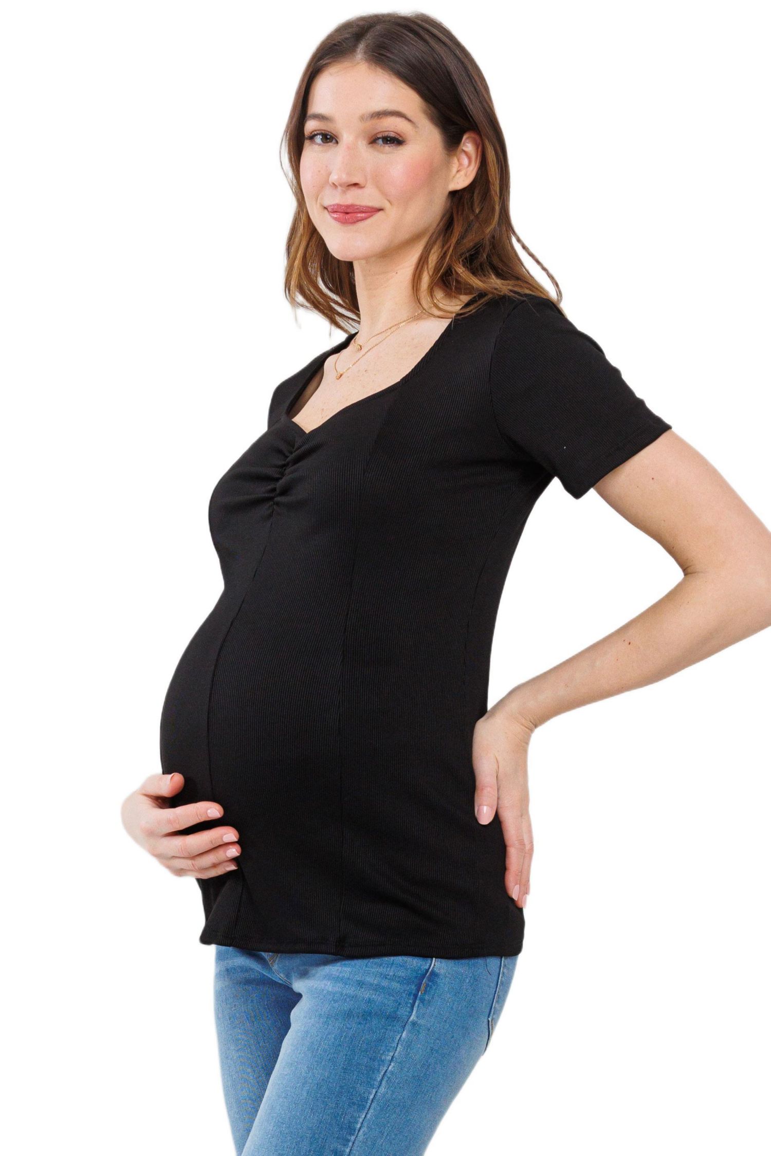 Maternity Ribbed Short Sleeve Sweetheart Neck Top