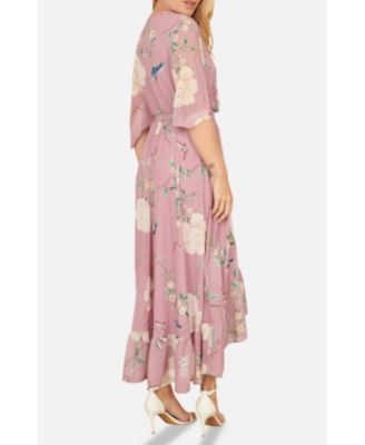 Women's Bird And Floral Print Midi Wrap Dress