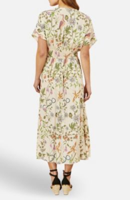 Women's Floral Print Ruched Waist Midi Dress