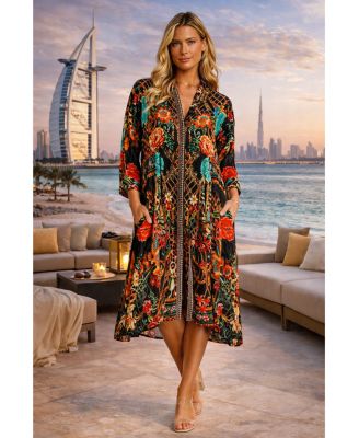 Women's Midi Summer Dress with Collared Neck, Short Sleeves, and Side Slits