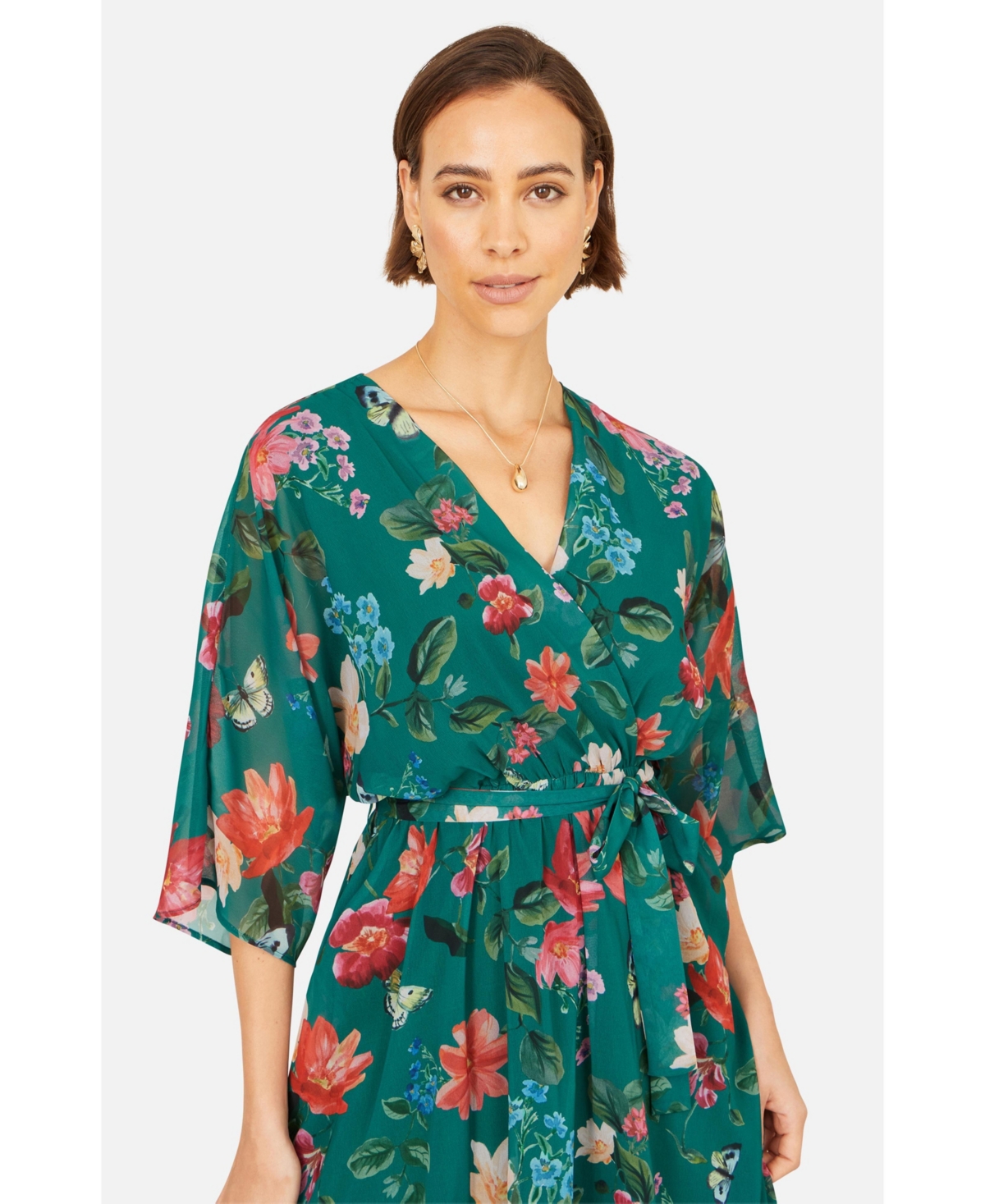 Yumi Women's Floral Dip Hem Kimono Wrap Dress