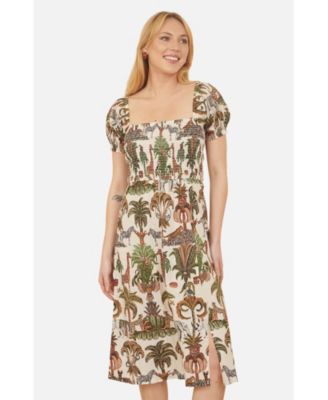 Women's Cotton Safari Print Ruched Midi Dress