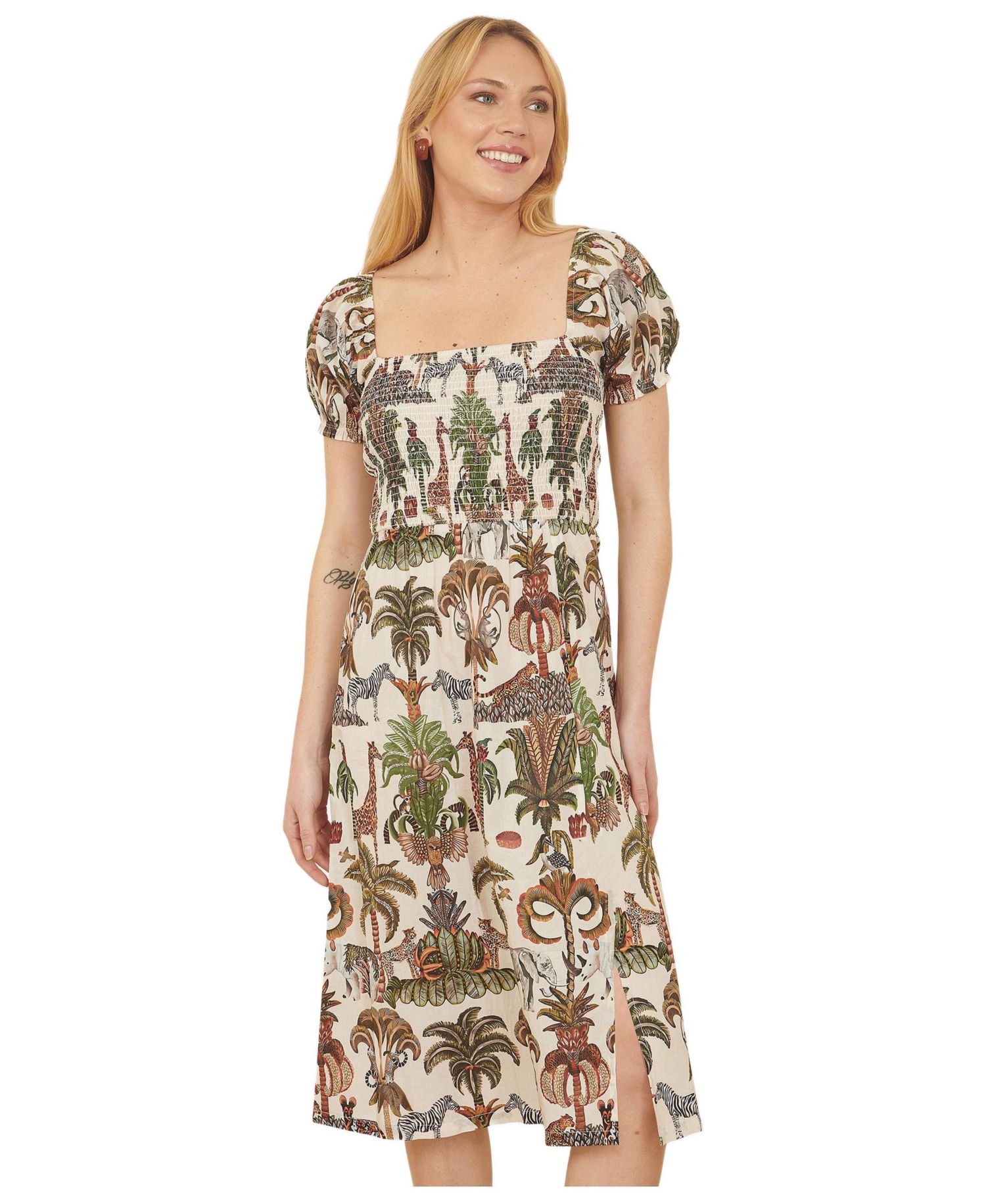 Women's Cotton Safari Print Ruched Midi Dress