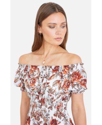 Women's Floral Ruched Waist Midi Dress