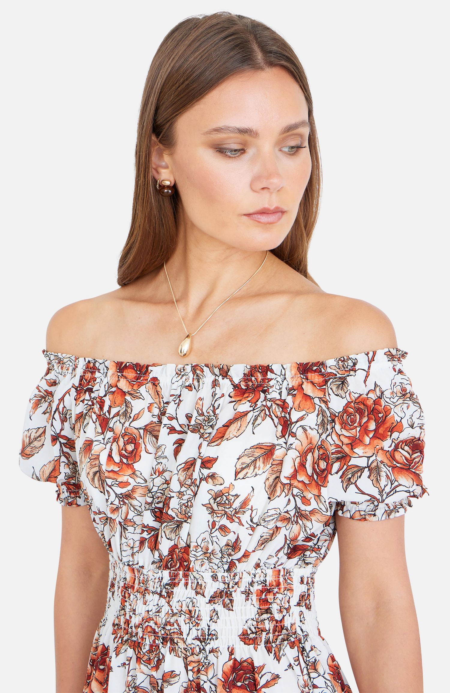 Women's Floral Ruched Waist Midi Dress