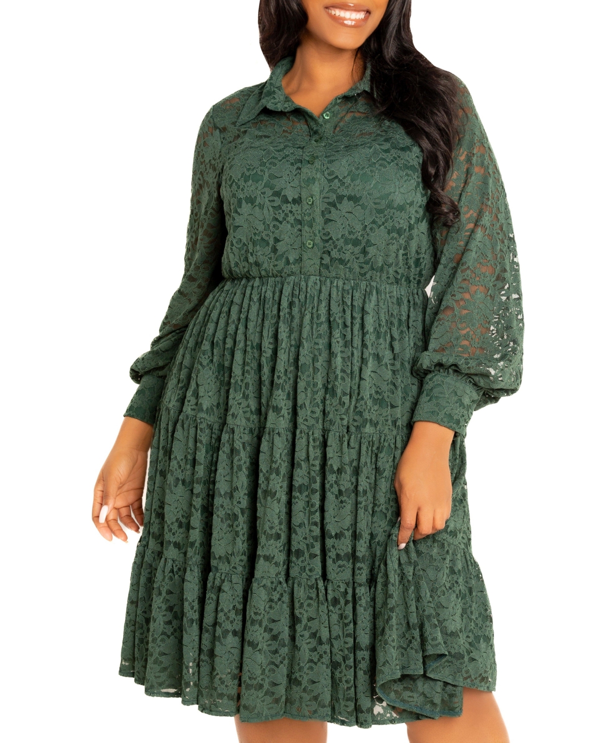 Buxom Couture Women's Plus Lace Long Sleeve Tiered Shirt Dress