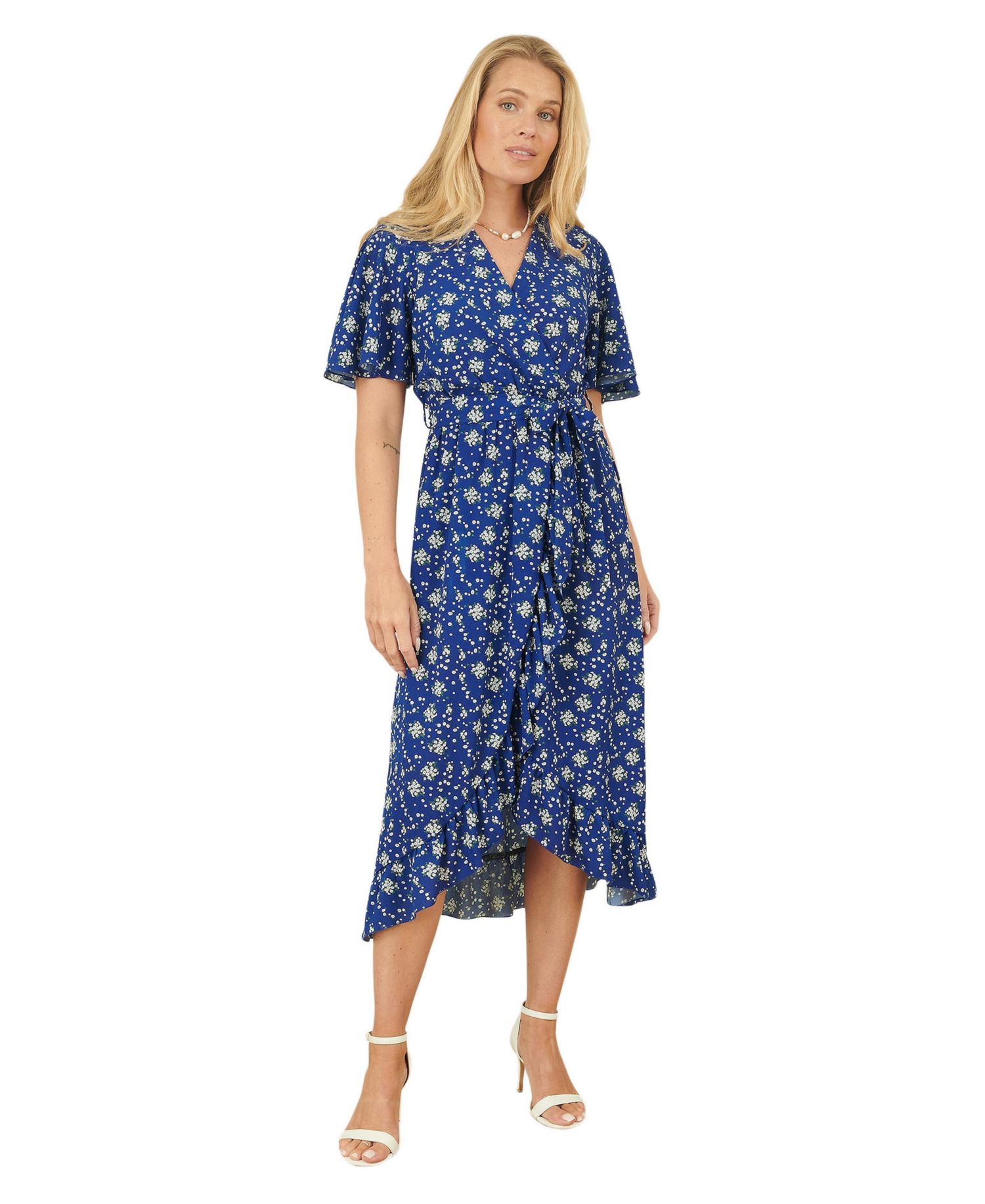 Women's Frilled-Hem Wrap Midi Dress