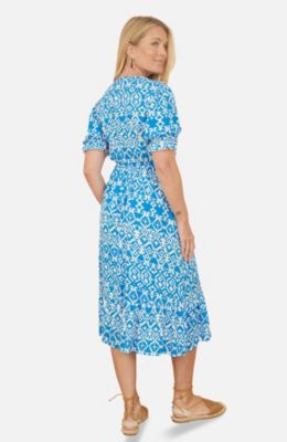 Women's Geometric Print Puff Sleeve Midi Dress