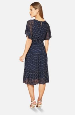 Women's Dot Print Mesh Stretch Midi Dress