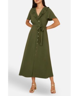 Women's Ruffle Collar Midi Shirt Dress