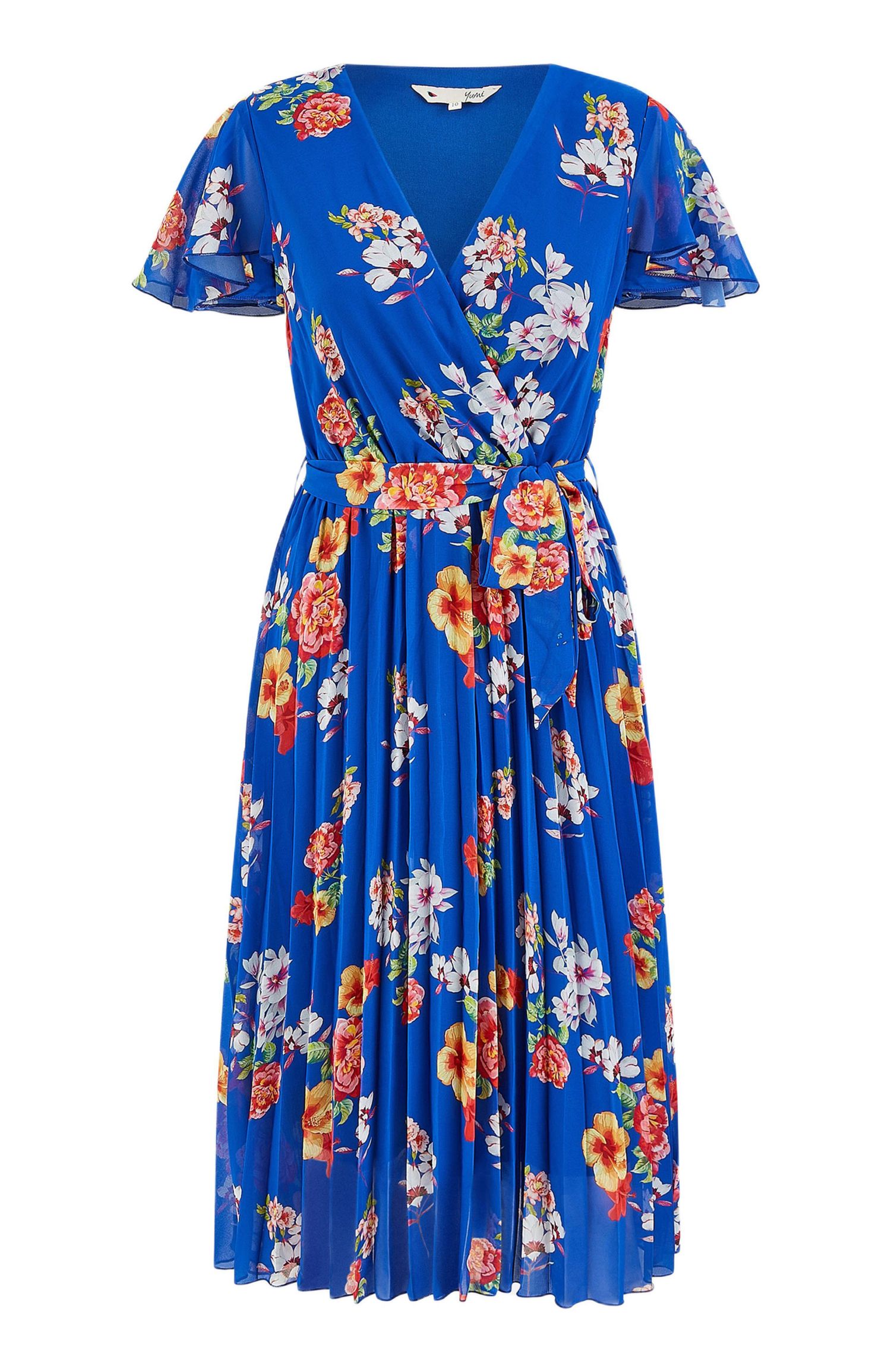 Women's Pleated Floral Tie-Waist Wrap Midi Dress