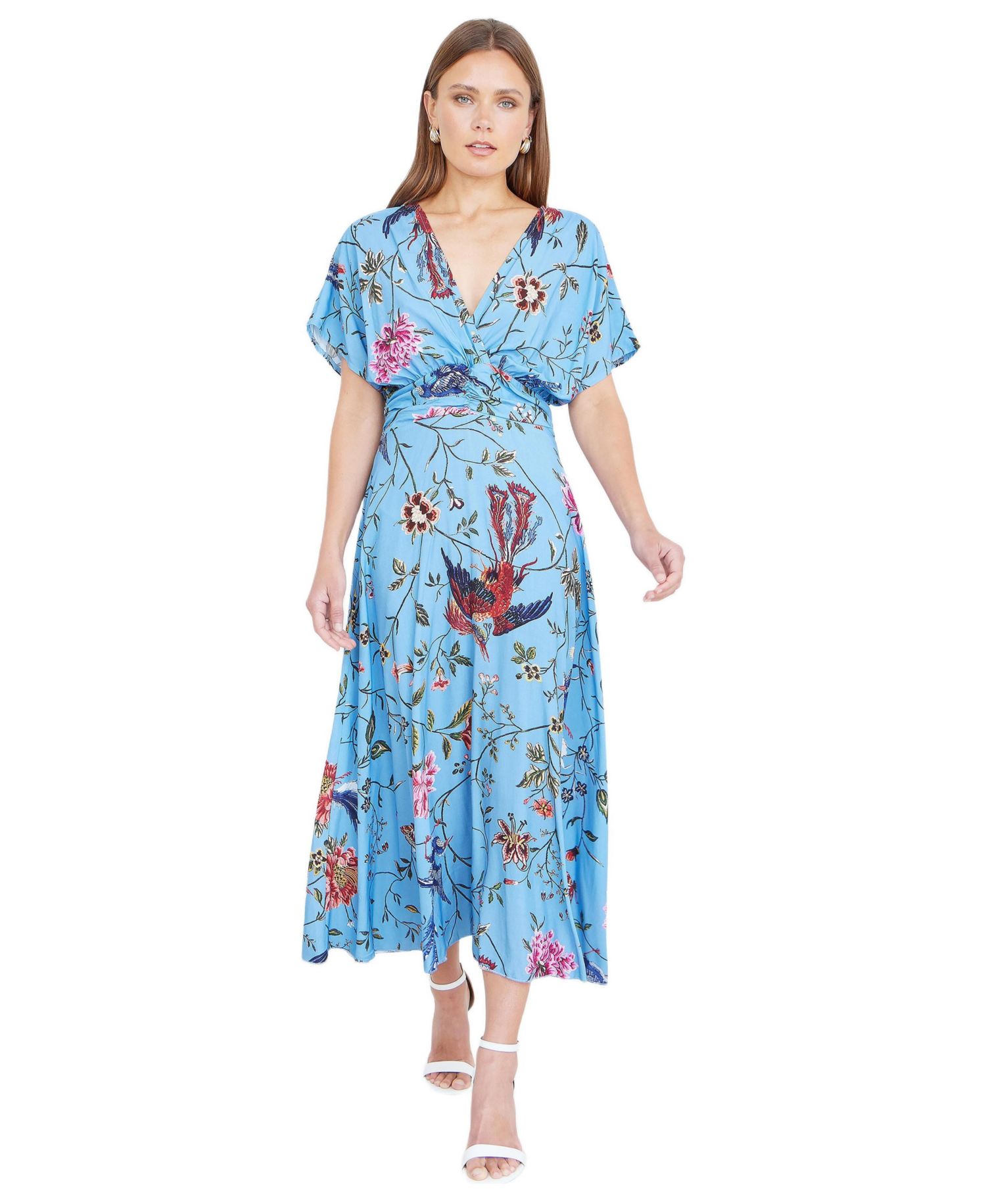 Women's Bird And Floral Print Midi Dress