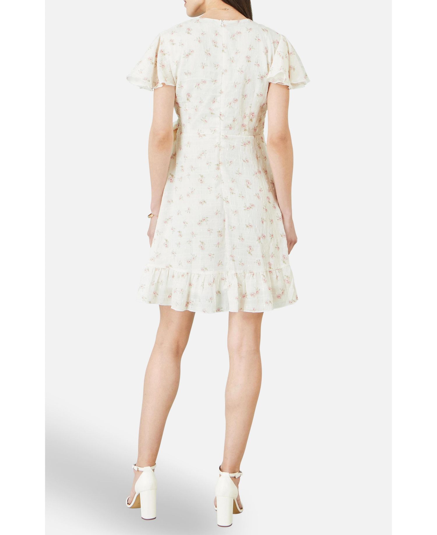 Women's Rose Print Wrap Over Frill Dress