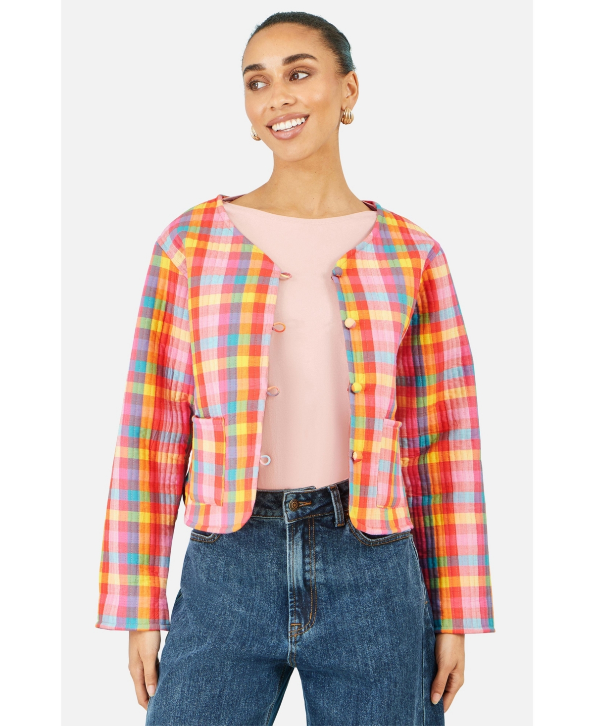 Yumi Women's Checked Reversible Cotton Quilted Jacket