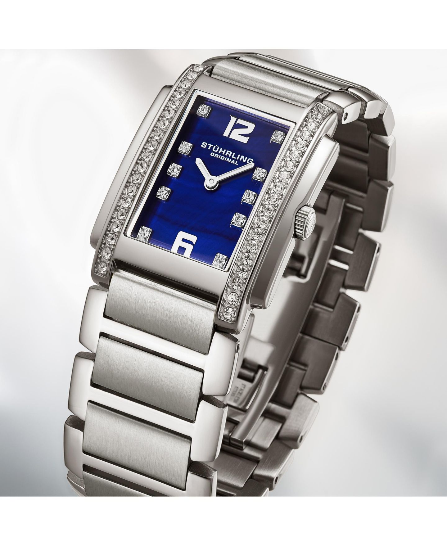 Женские часы Stuhrling 4089.2 Serafine Rectangular Quartz Watch, Mother-of-Pearl Dial & Swarovski Crystal Bezel, цвет: Синий — фото 6