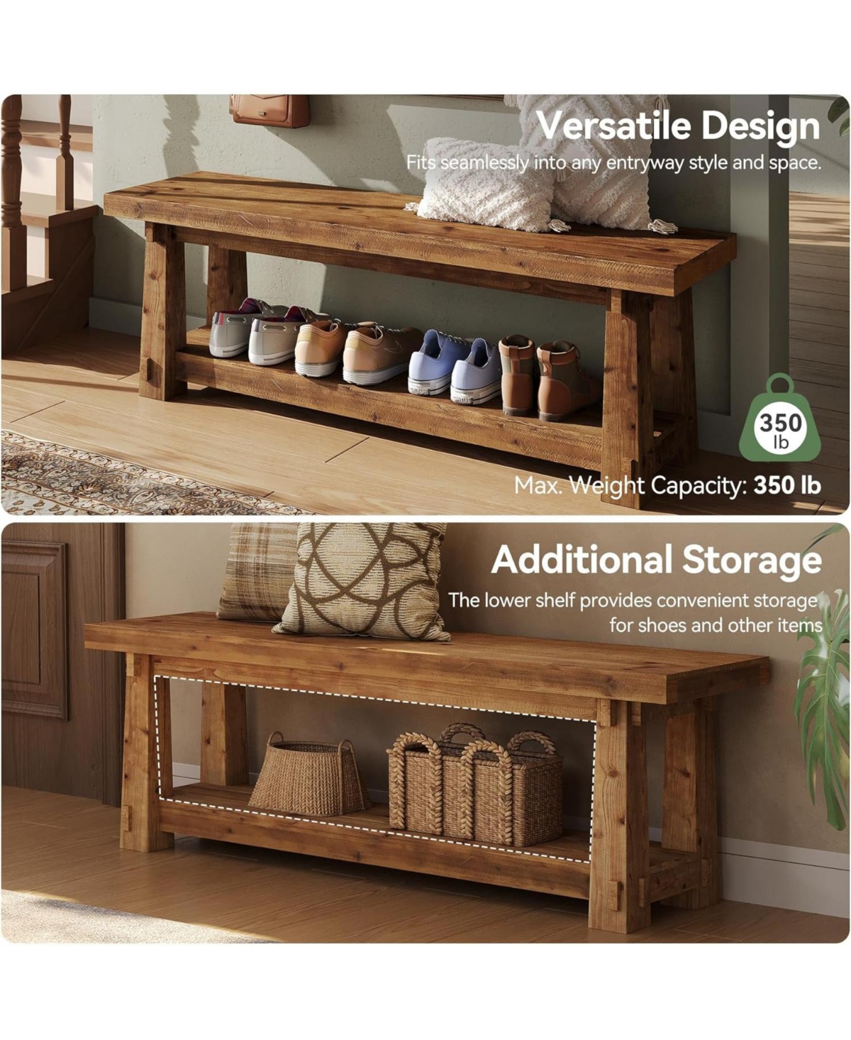 Tribesigns 55" Solid Wood Entryway Bench with Shoe Storage, Rustic Charred Wood Grain Foyer Bench with Open Shelf