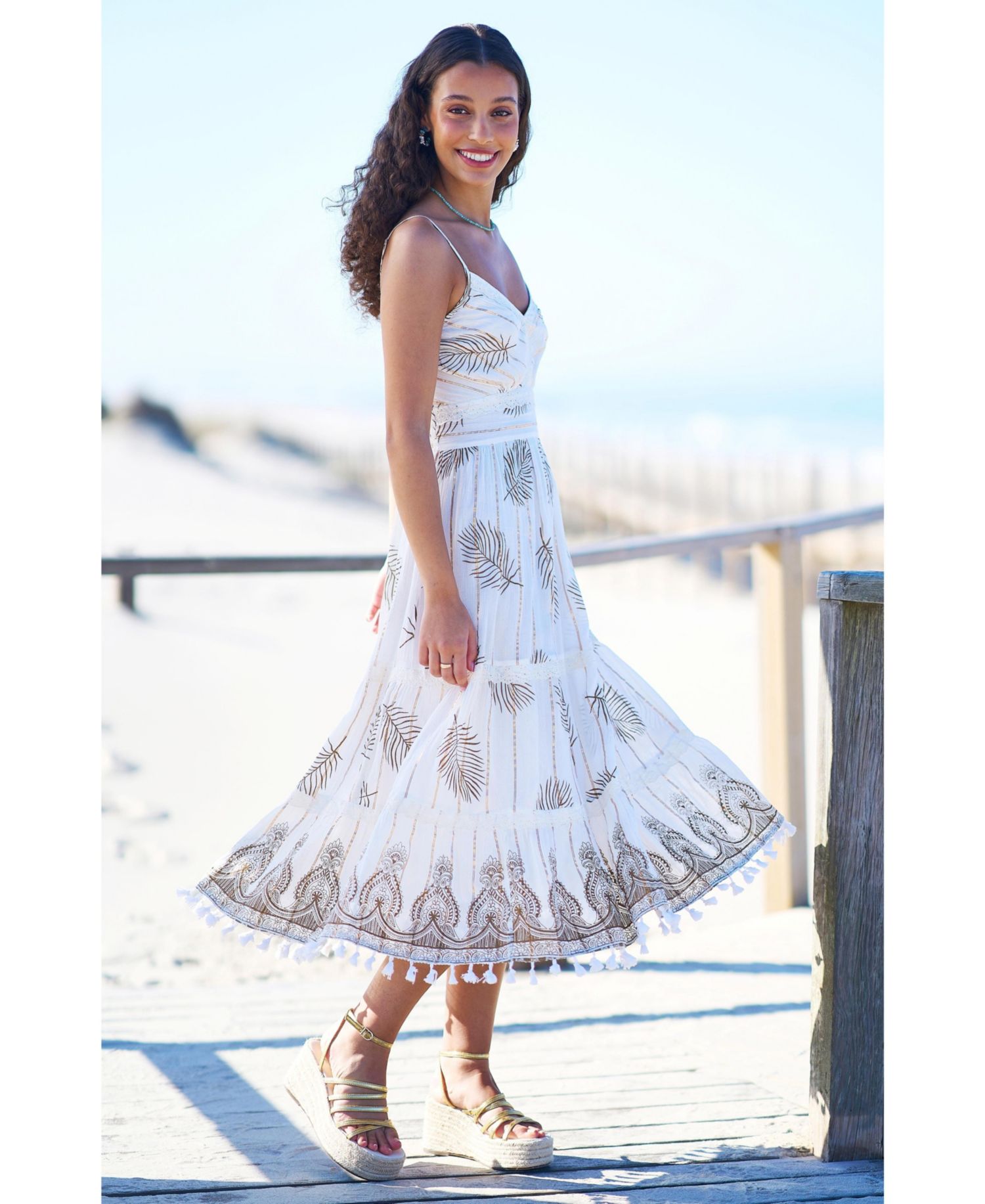 Women's Foil Print Lace Trim Midi Sun Dress