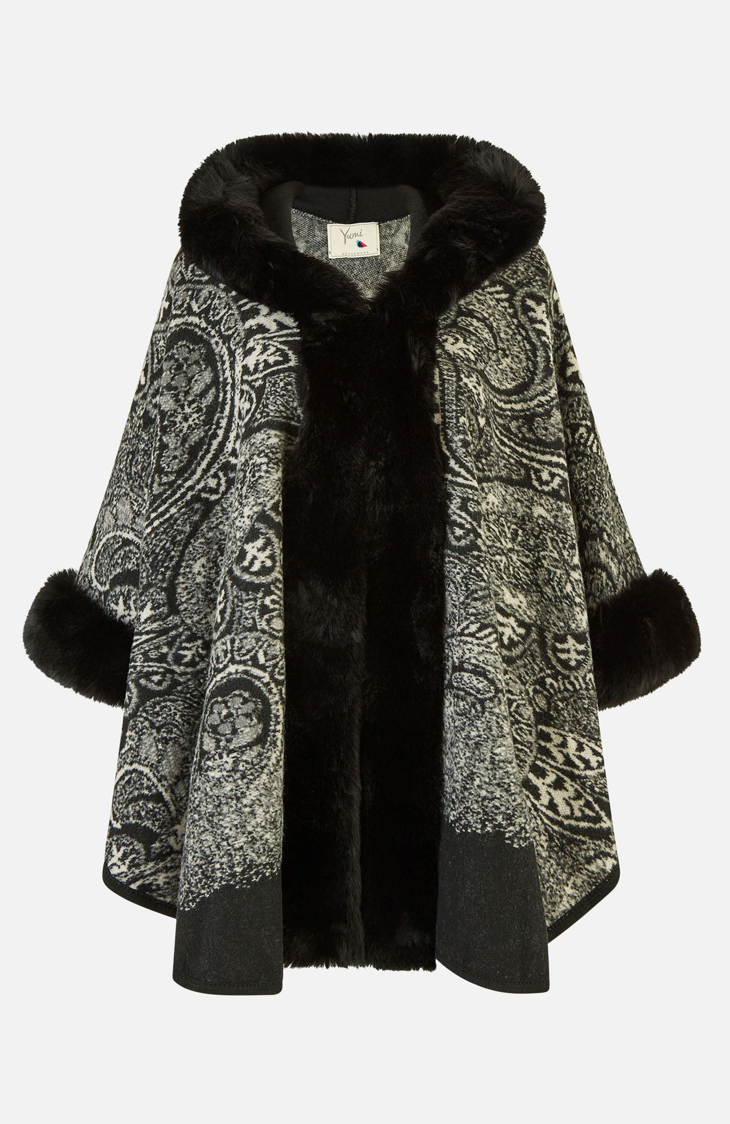 Women's Paisley Print Faux Fur Trim Cape