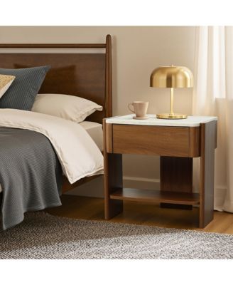 Faux Travertine Nightstand with Drawer and Open Shelf, MDF Wood Accent Side Table